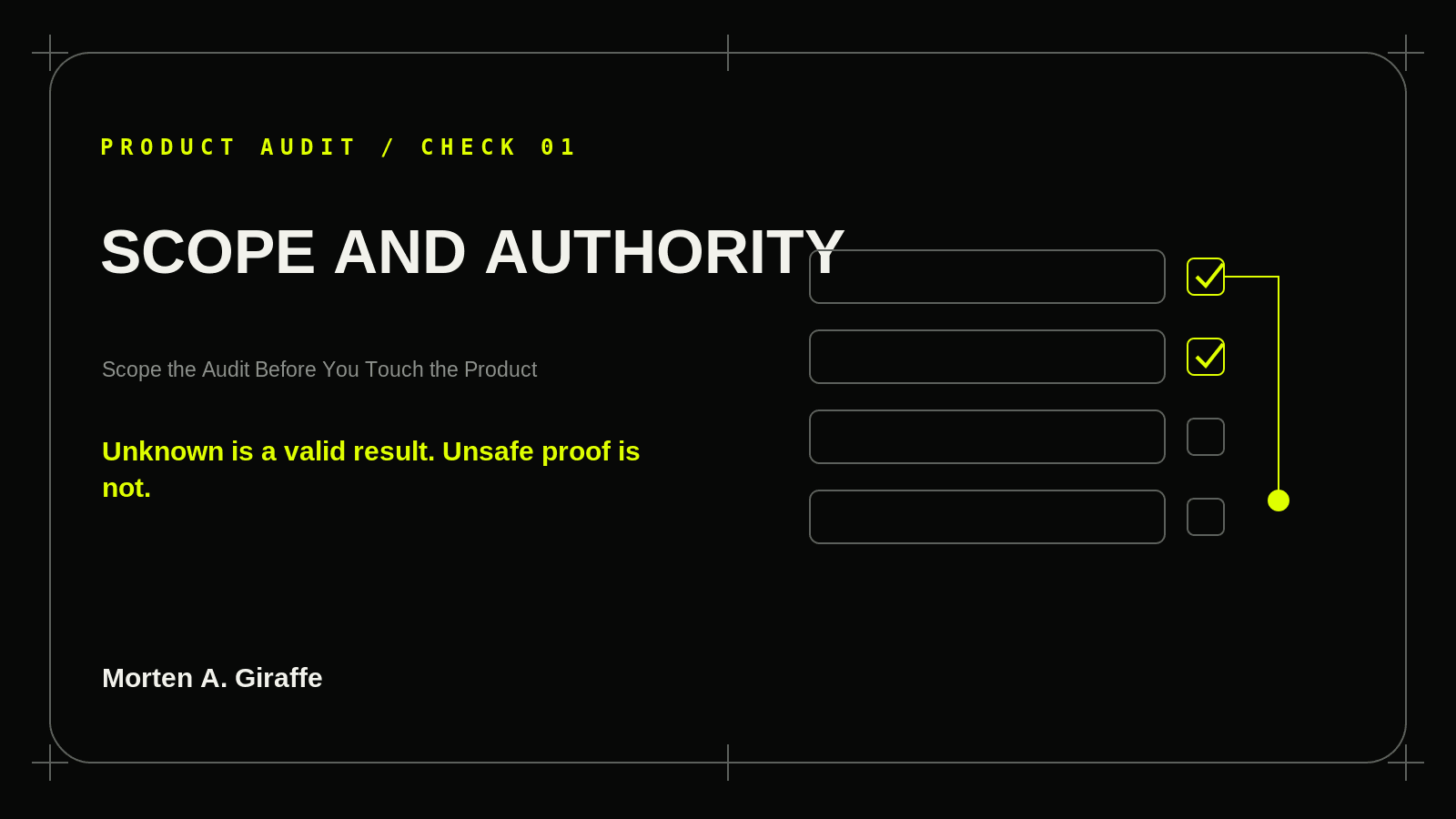 Product Audit Check 01 illustration for scope and authority, using a simplified technical system diagram.