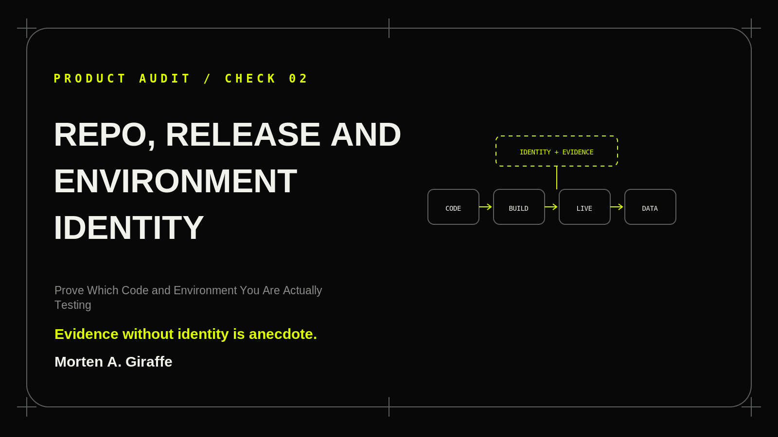 Product Audit Check 02 illustration for repo, release and environment identity, using a simplified technical system diagram.
