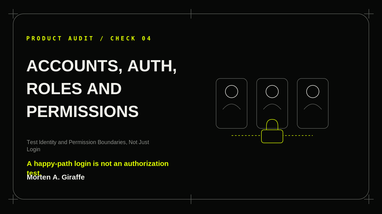 Product Audit Check 04 illustration for accounts, auth, roles and permissions, using a simplified technical system diagram.