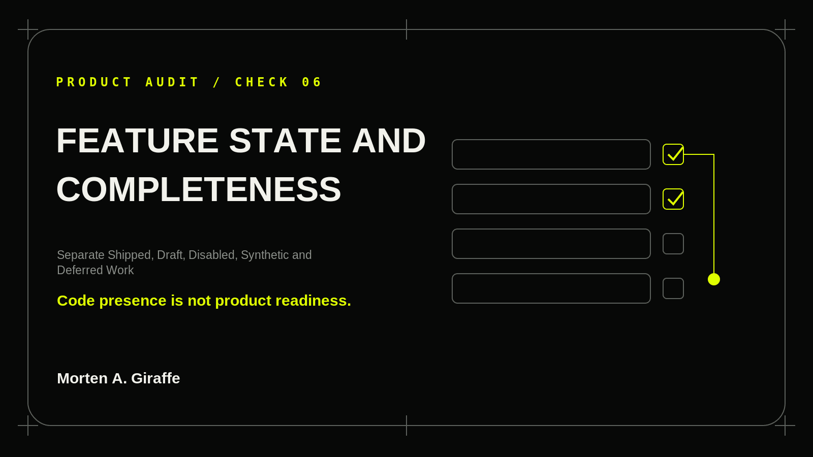 Product Audit Check 06 illustration for feature state and completeness, using a simplified technical system diagram.