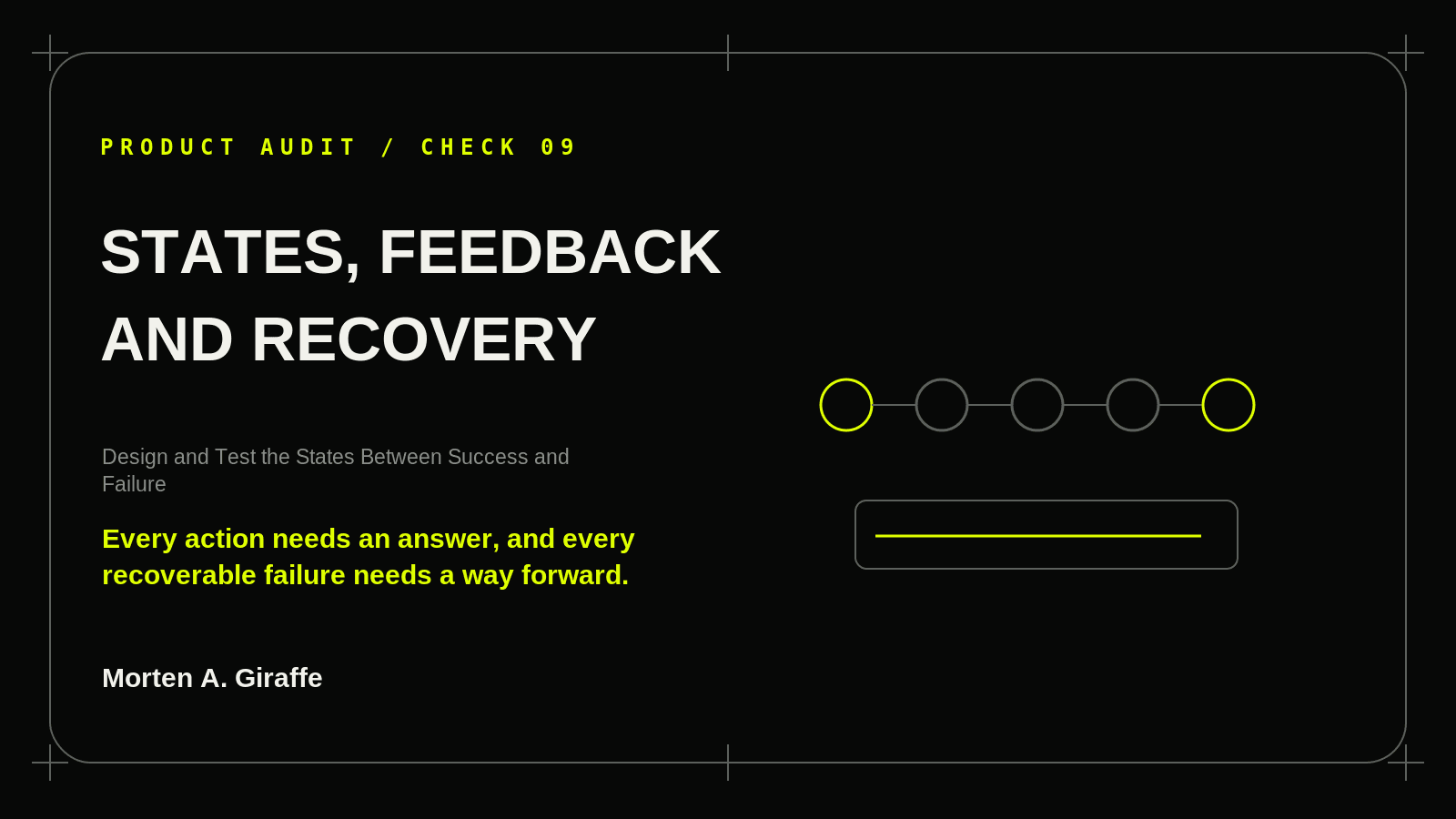 Product Audit Check 09 illustration for states, feedback and recovery, using a simplified technical system diagram.