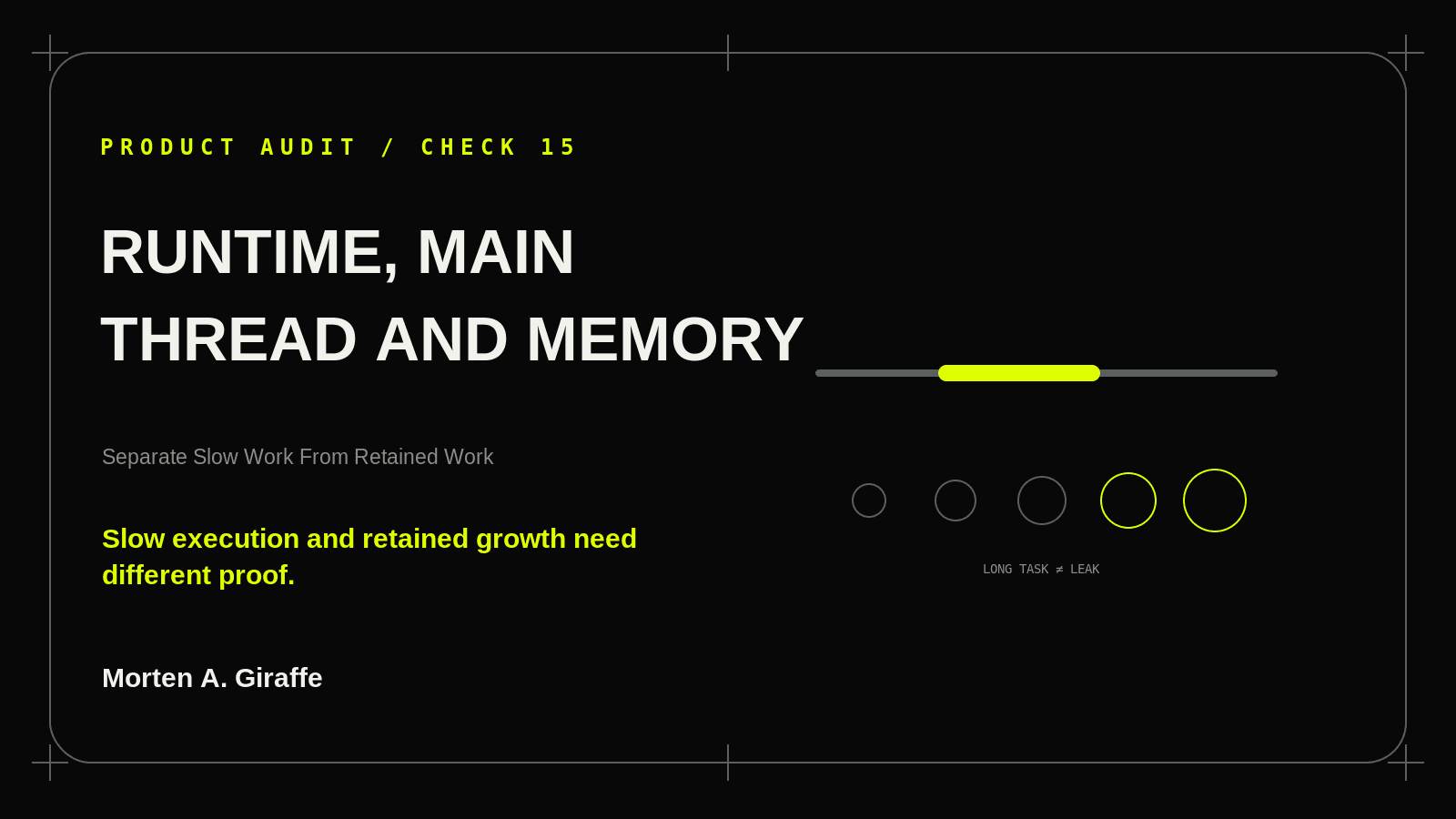 Product Audit Check 15 illustration for runtime, main thread and memory, using a simplified technical system diagram.