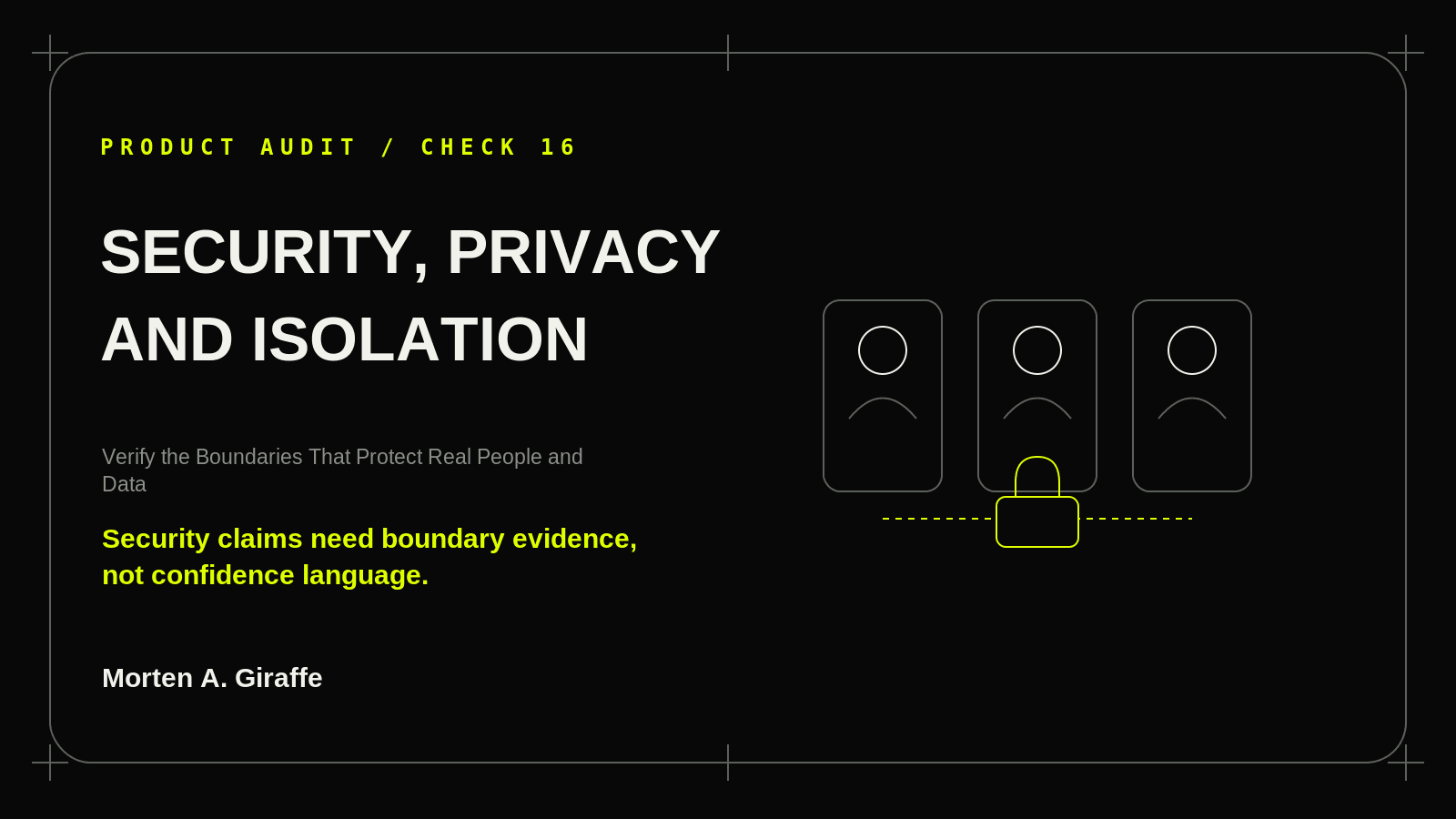 Product Audit Check 16 illustration for security, privacy and isolation, using a simplified technical system diagram.