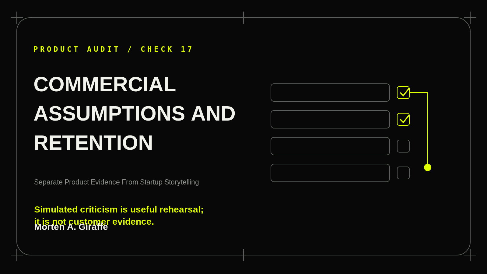 Product Audit Check 17 illustration for commercial assumptions and retention, using a simplified technical system diagram.