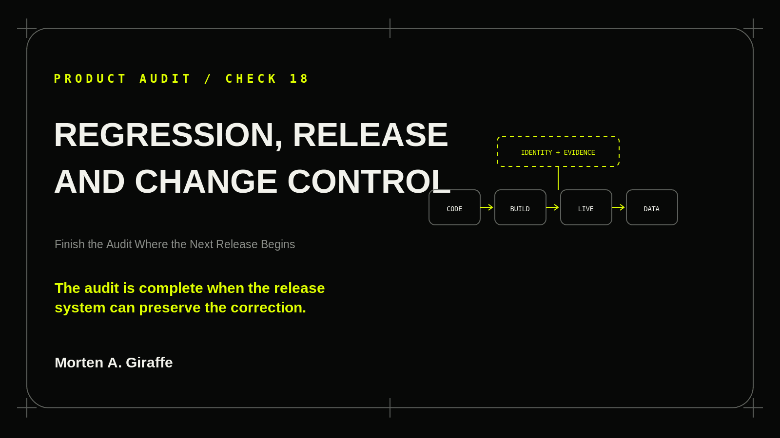 Product Audit Check 18 illustration for regression, release and change control, using a simplified technical system diagram.