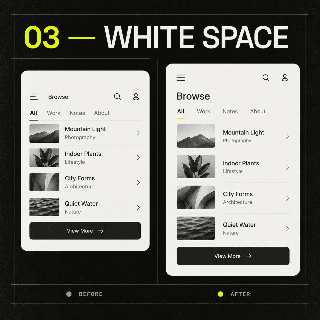 Cramped interface content contrasted with deliberate spacing and readable grouping.