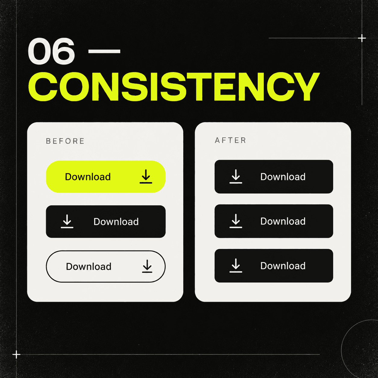 Conflicting button styles contrasted with one repeatable component language.