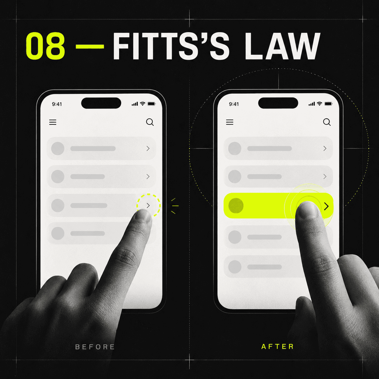 A tiny mobile target contrasted with a large nearby thumb-friendly action.