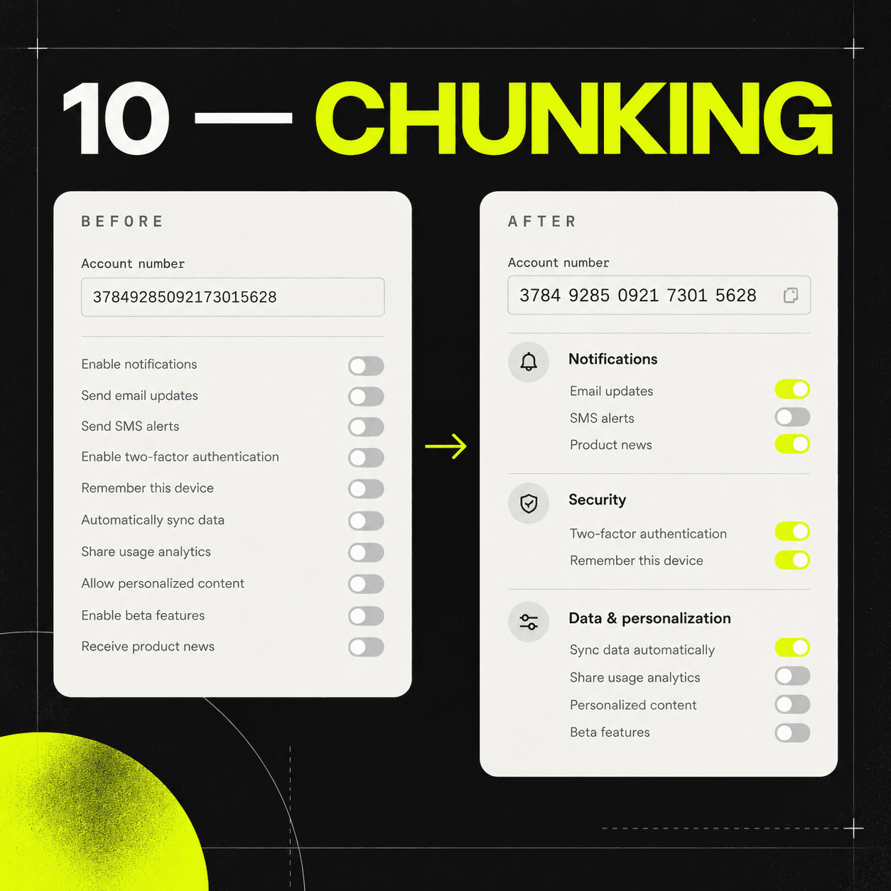 Dense unstructured information contrasted with grouped numbers and labeled setting sections.