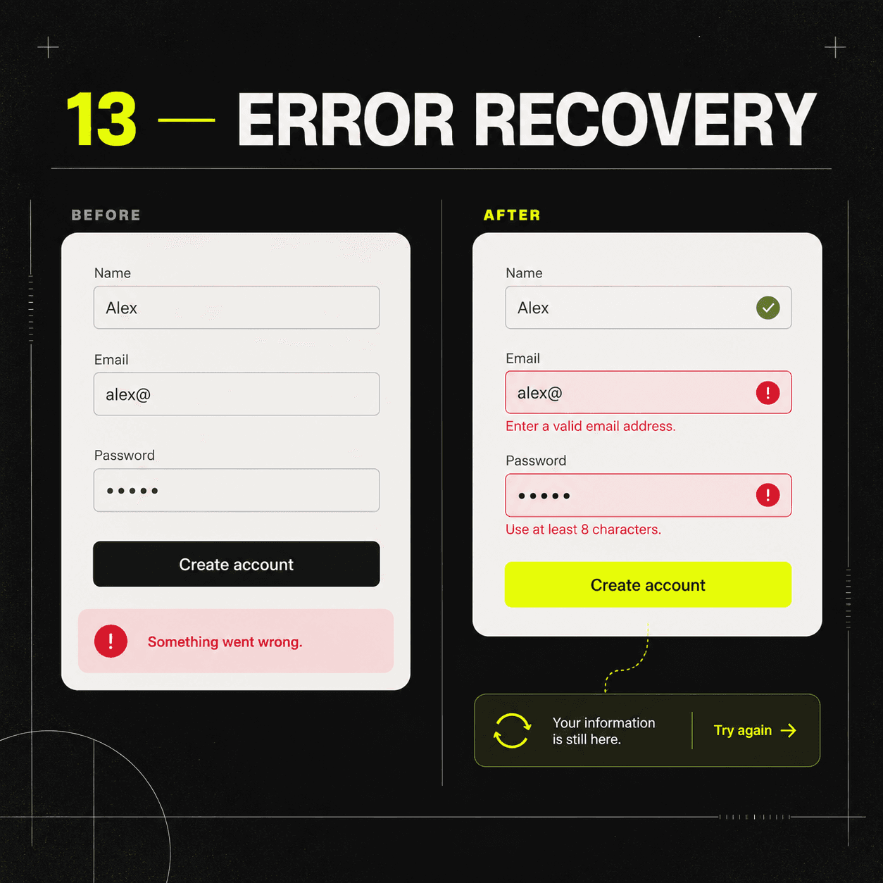A vague form error contrasted with inline guidance preserved input and a clear retry path.