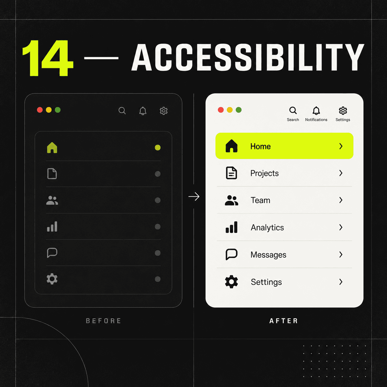 An interface relying on dim icons and color alone contrasted with readable labels and multiple cues.