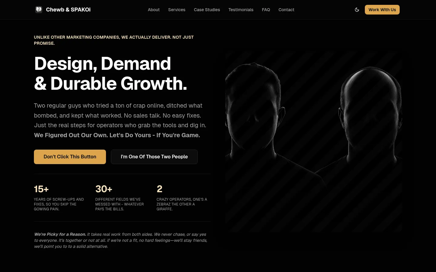 Chewb & SPAKOi homepage with a dark, gold-accented studio identity and direct positioning.