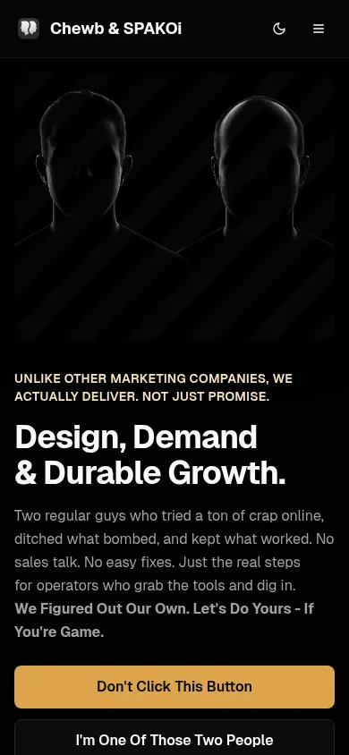 Chewb & SPAKOi homepage on mobile with a bold dark hero and studio positioning.