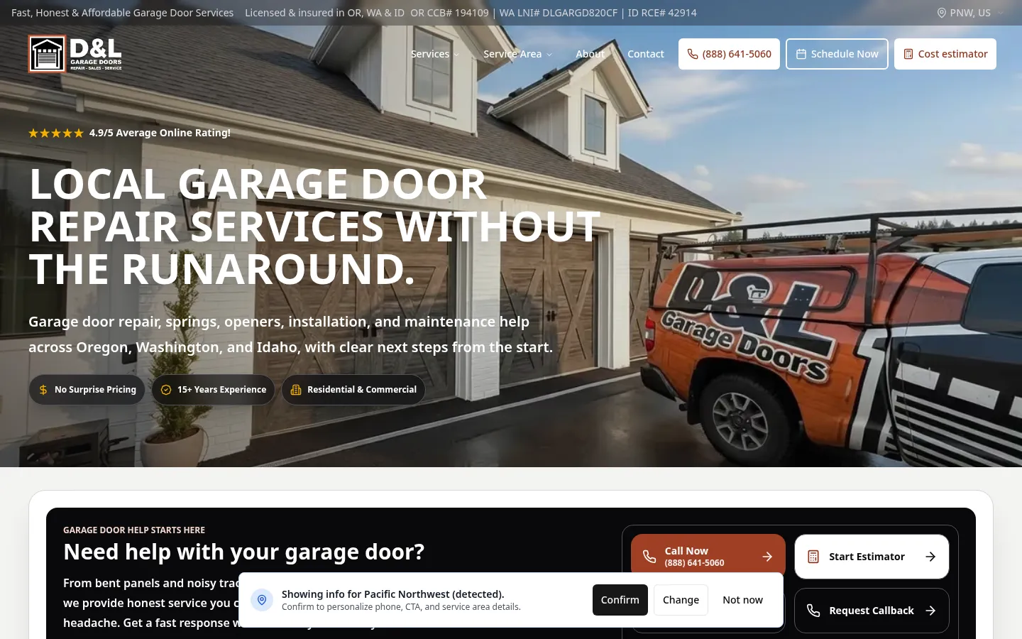 D&L Garage Doors homepage with a regional service hero and primary booking and call actions.
