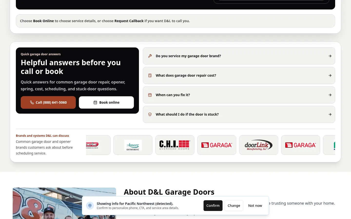 D&L Garage Doors service section presenting repair, spring, opener, and installation options.