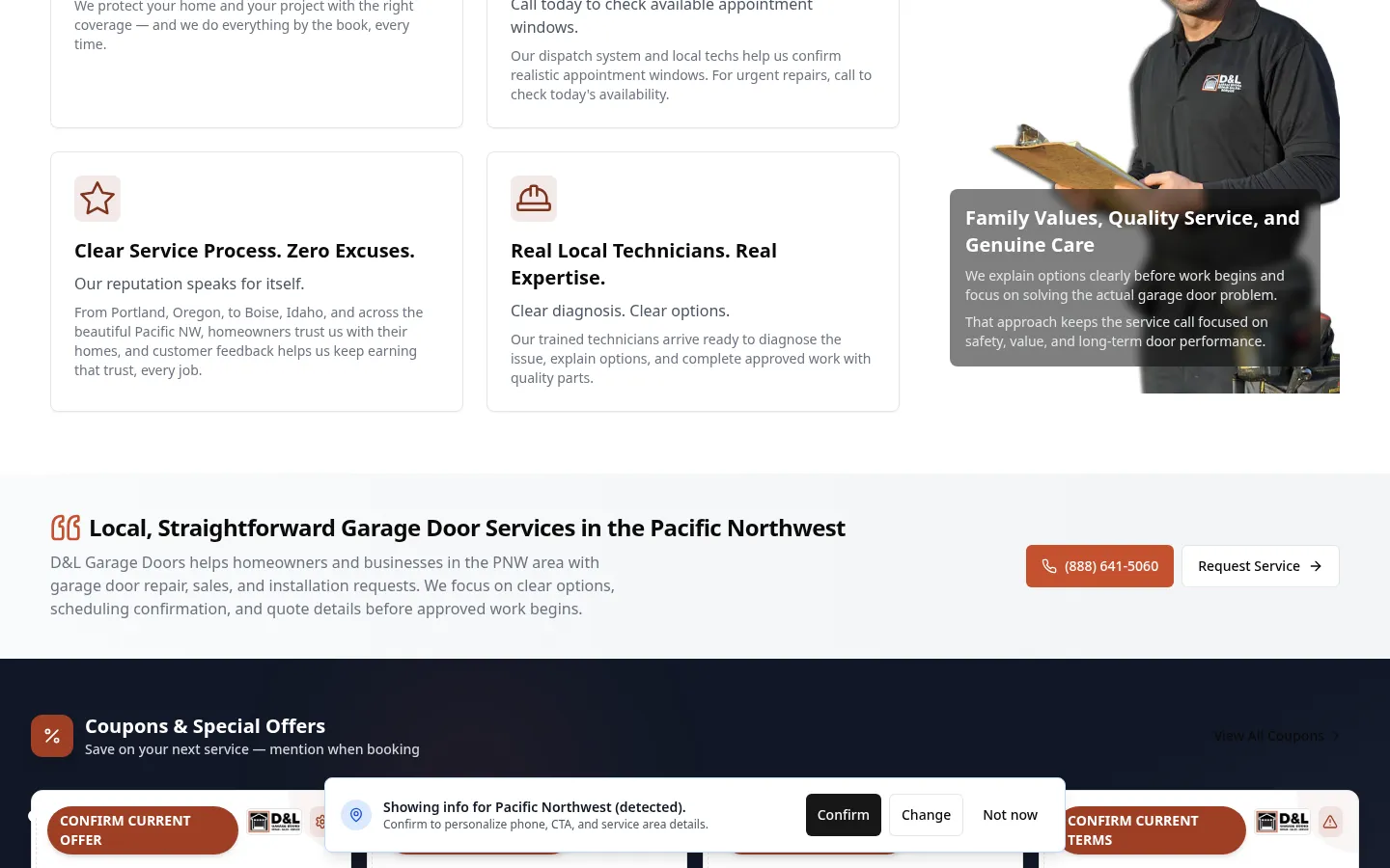 D&L Garage Doors content section explaining service coverage and next steps for customers.