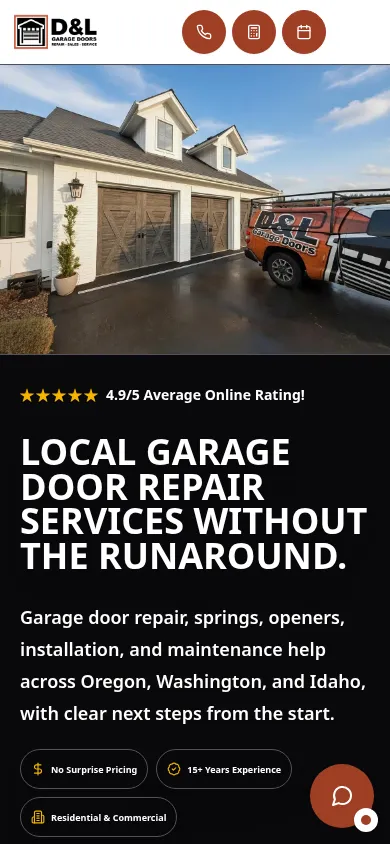 D&L Garage Doors mobile homepage with a compact hero and thumb-friendly booking and call buttons.