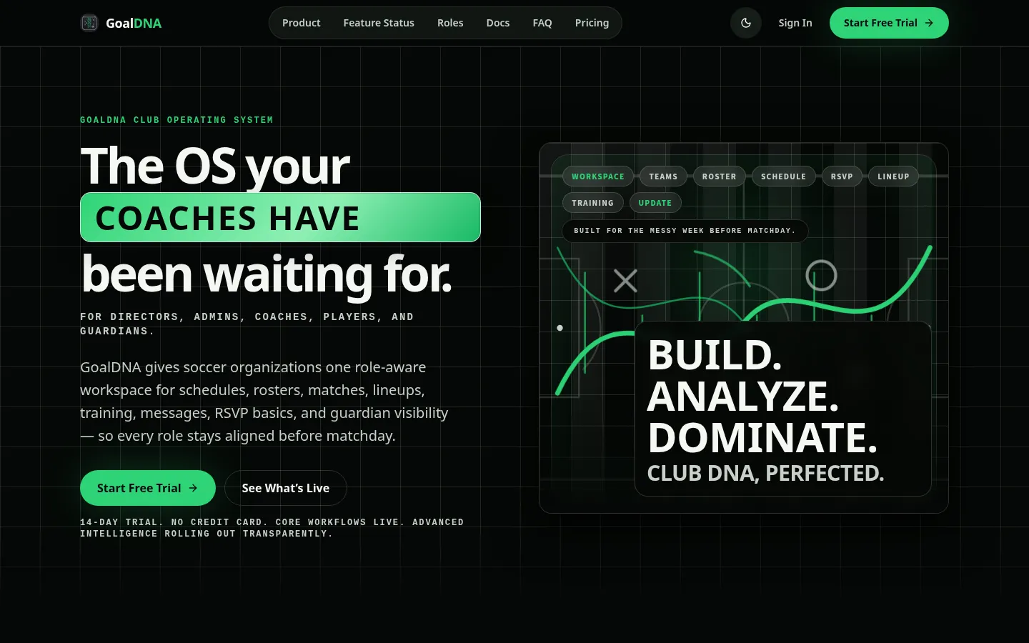 GoalDNA marketing homepage introducing a club operating system on a dark, green-accented layout.