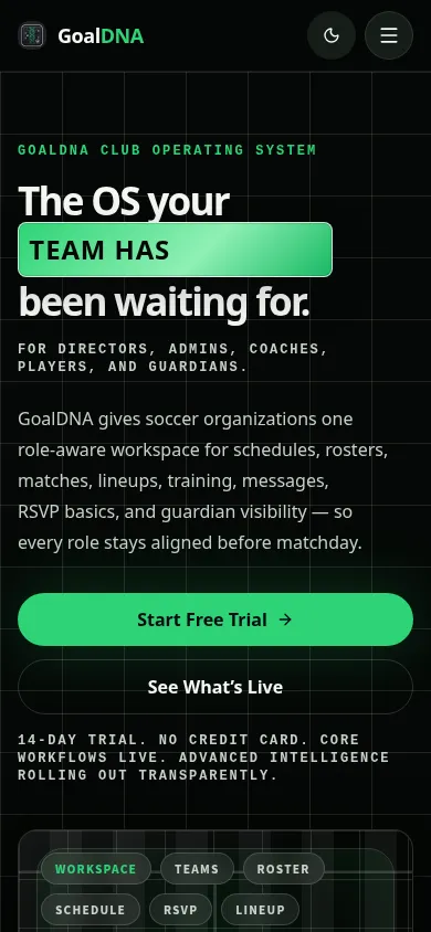GoalDNA marketing page on mobile with stacked messaging about club operations.