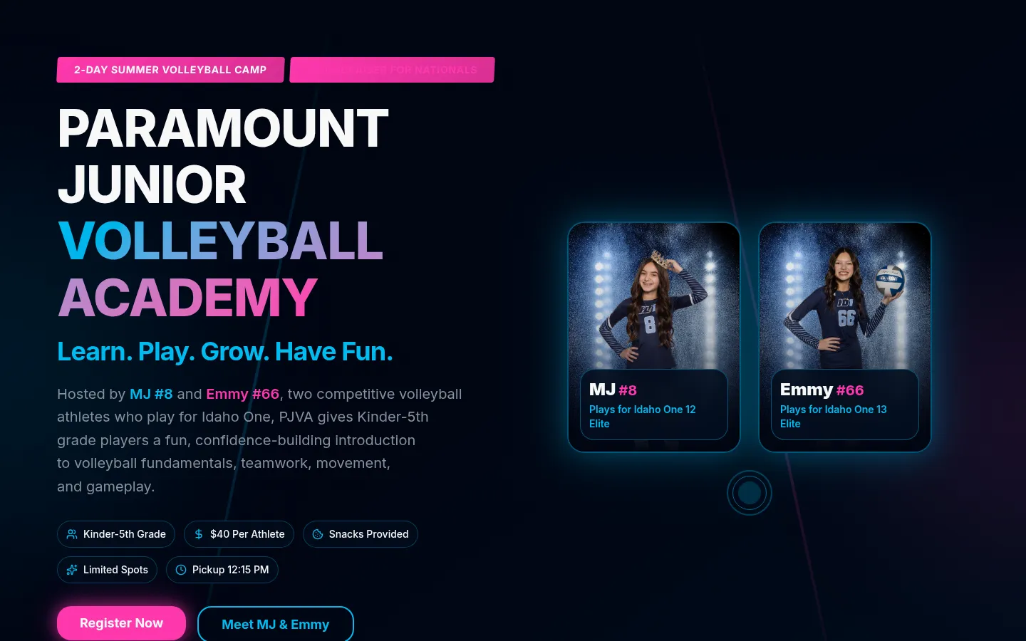 Paramount Junior Volleyball Academy homepage with a cyan-to-pink headline and two host athlete cards.