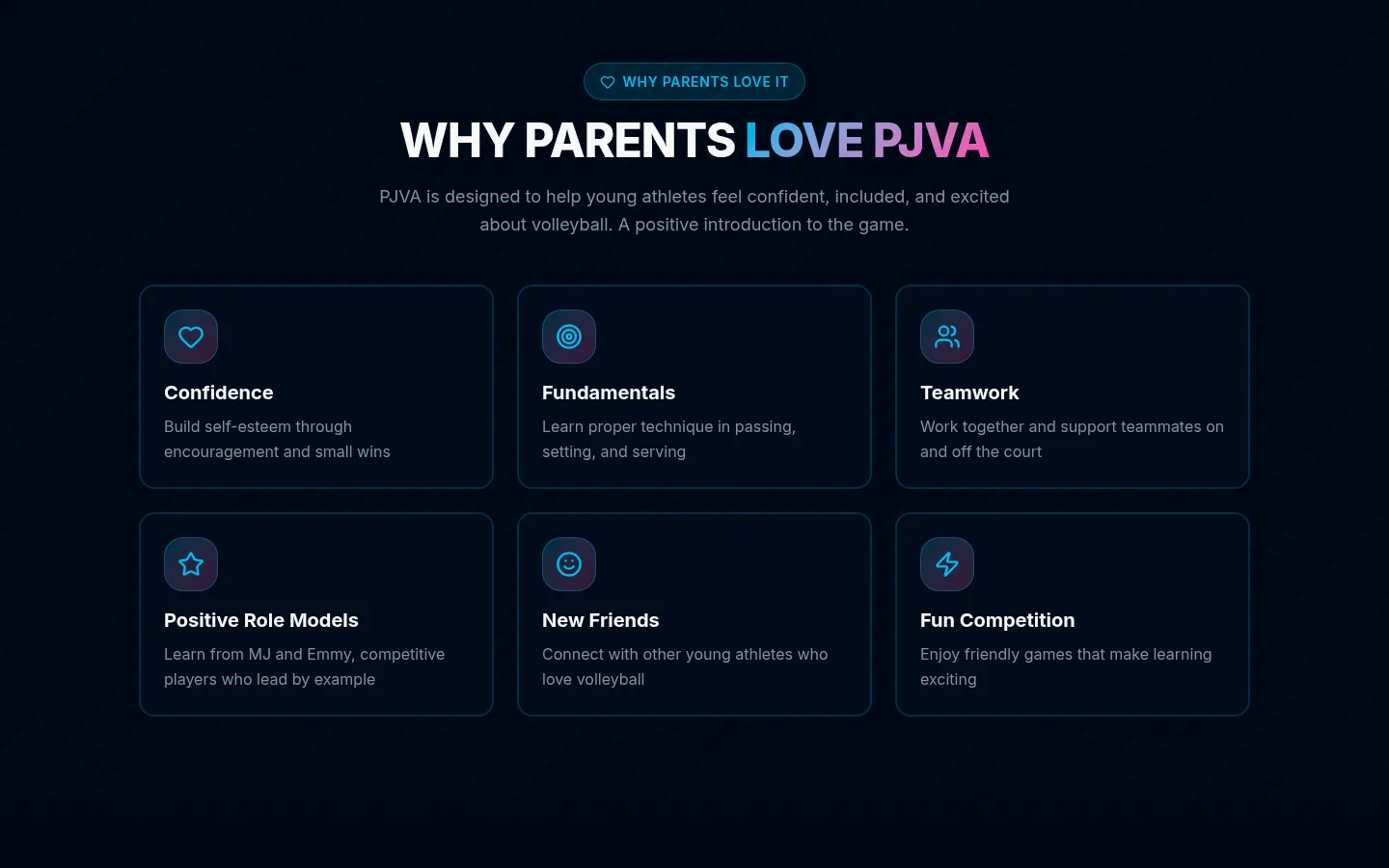 PJVA parent-focused section explaining confidence, fundamentals, teamwork, and role models.