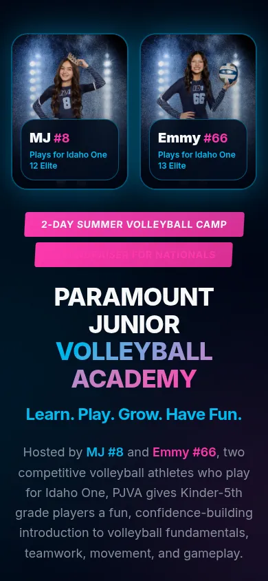 PJVA homepage on mobile with host athlete cards and the camp headline stacked vertically.