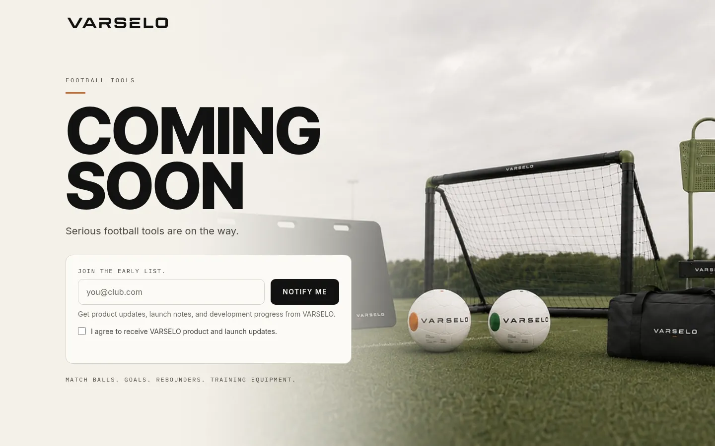 VARSELO pre-launch page with a large COMING SOON headline and football equipment on a training pitch.
