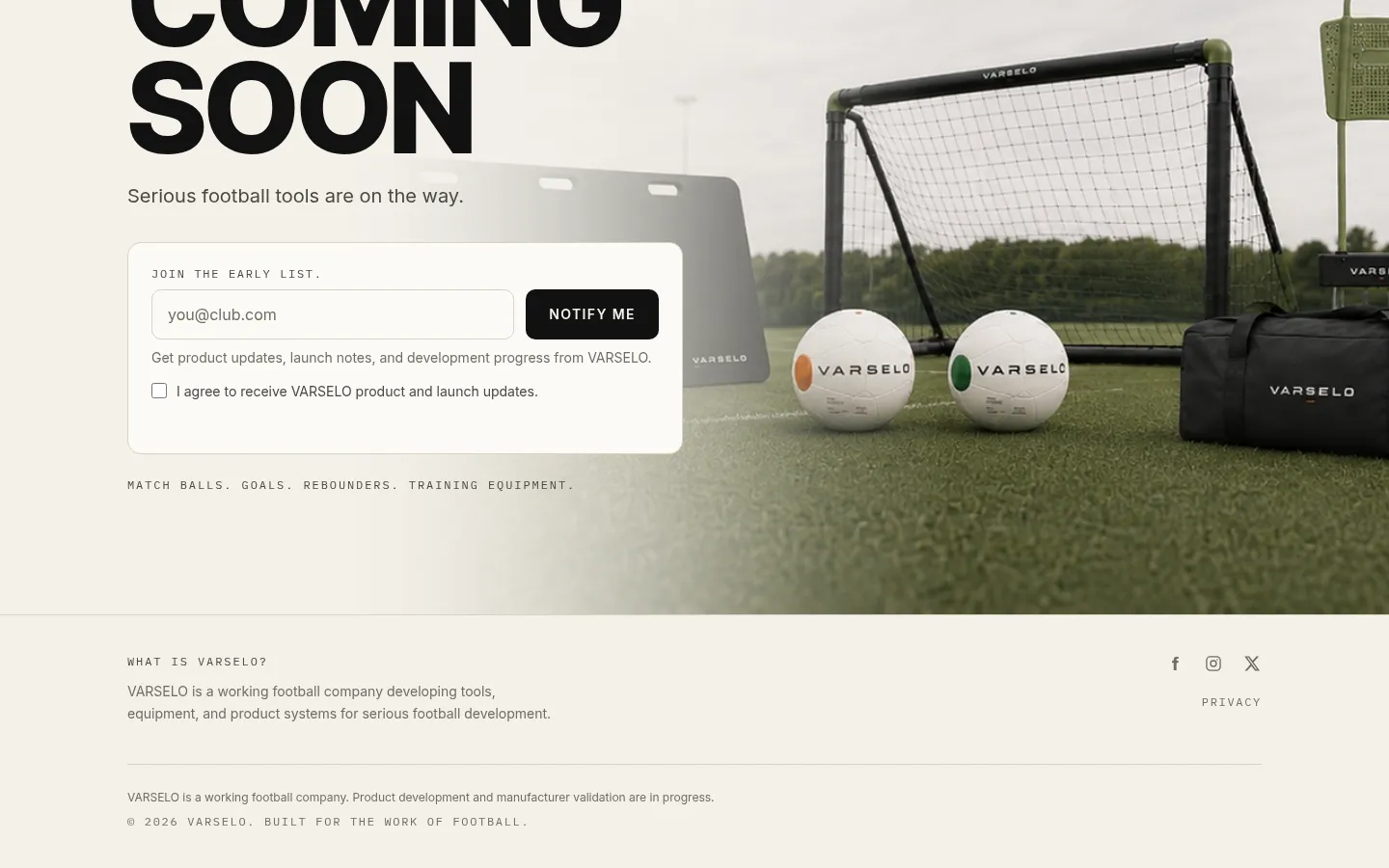 VARSELO early-list signup and footer explaining that the company is still developing football products.