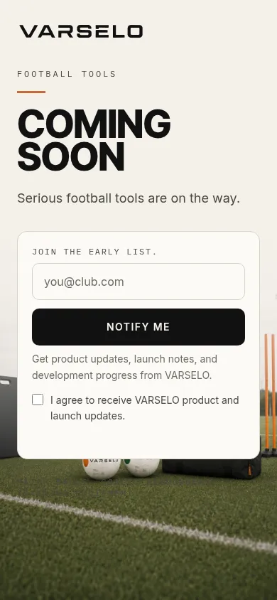 VARSELO pre-launch page on mobile with the COMING SOON headline and email capture.