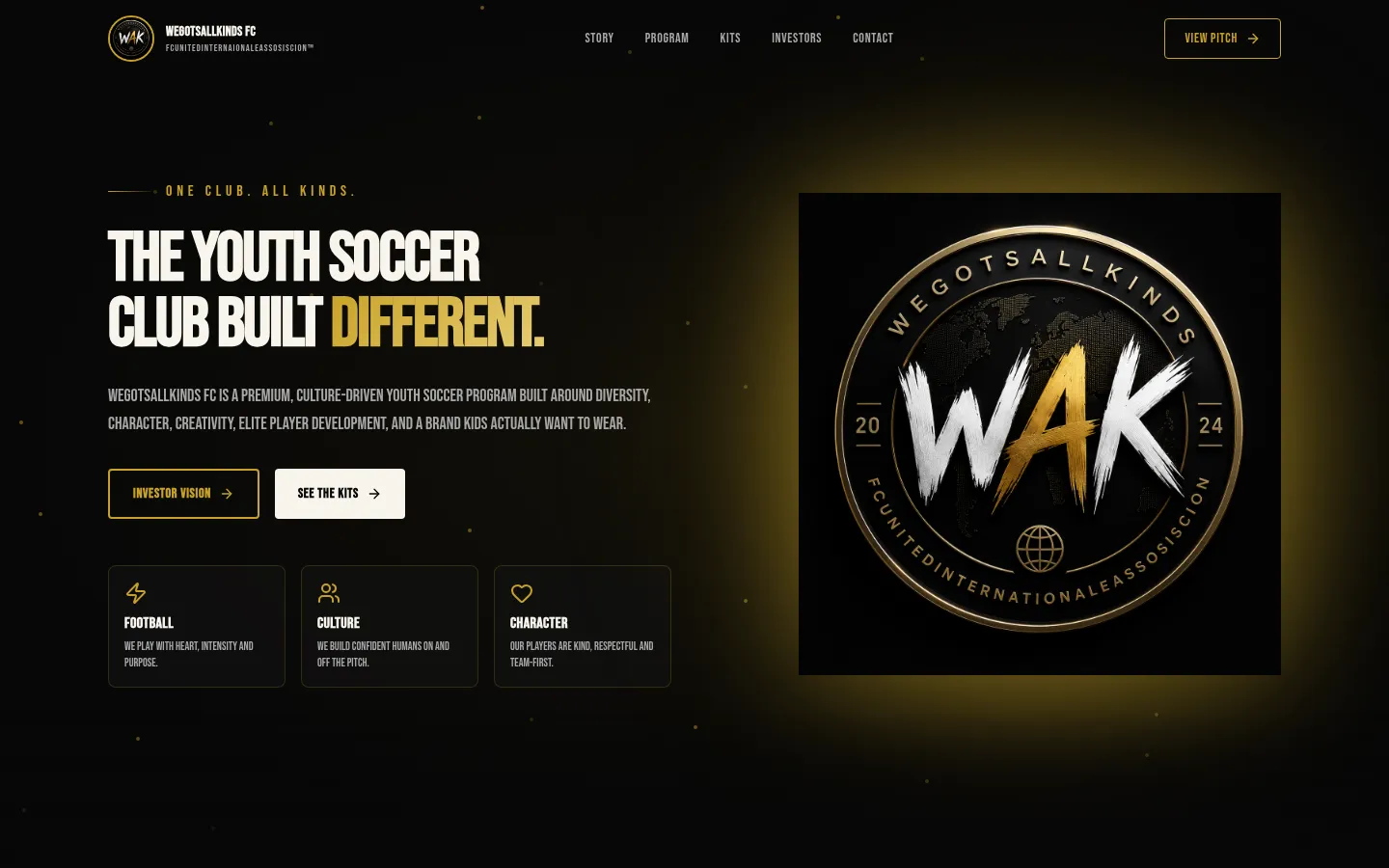 WeGotsAllKinds FC homepage with a black-and-gold crest and the tagline about a youth club built different.