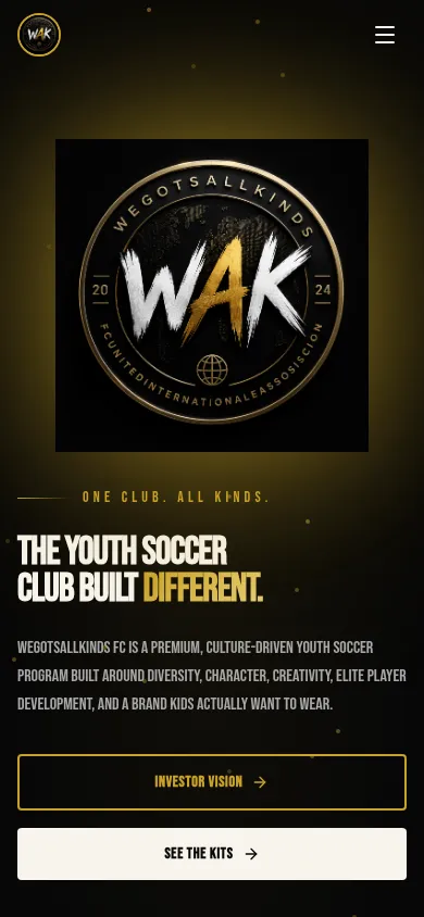 WeGotsAllKinds FC homepage on mobile with the club crest and hero tagline.
